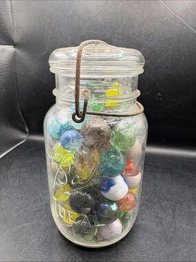 Vintage Ball Mason Jar Filled with Colorful Glass Marbles